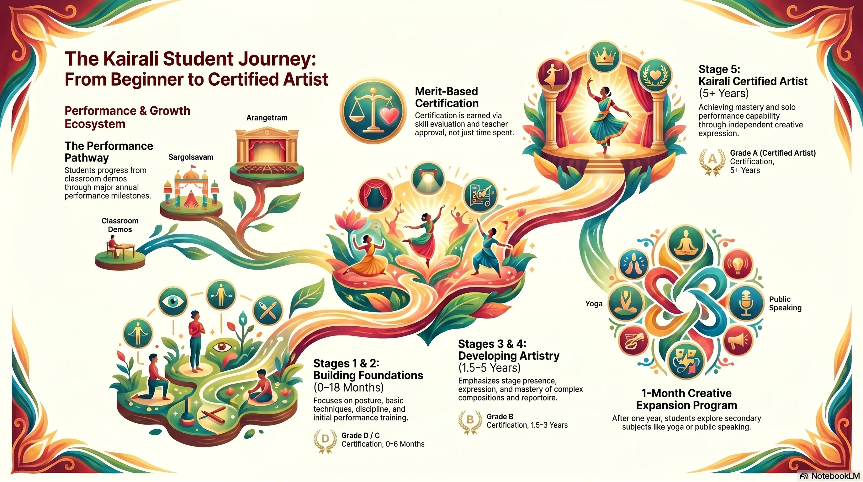 Student Journey Infographic - 5-stage growth path at Kairali Arts Centre Sharjah